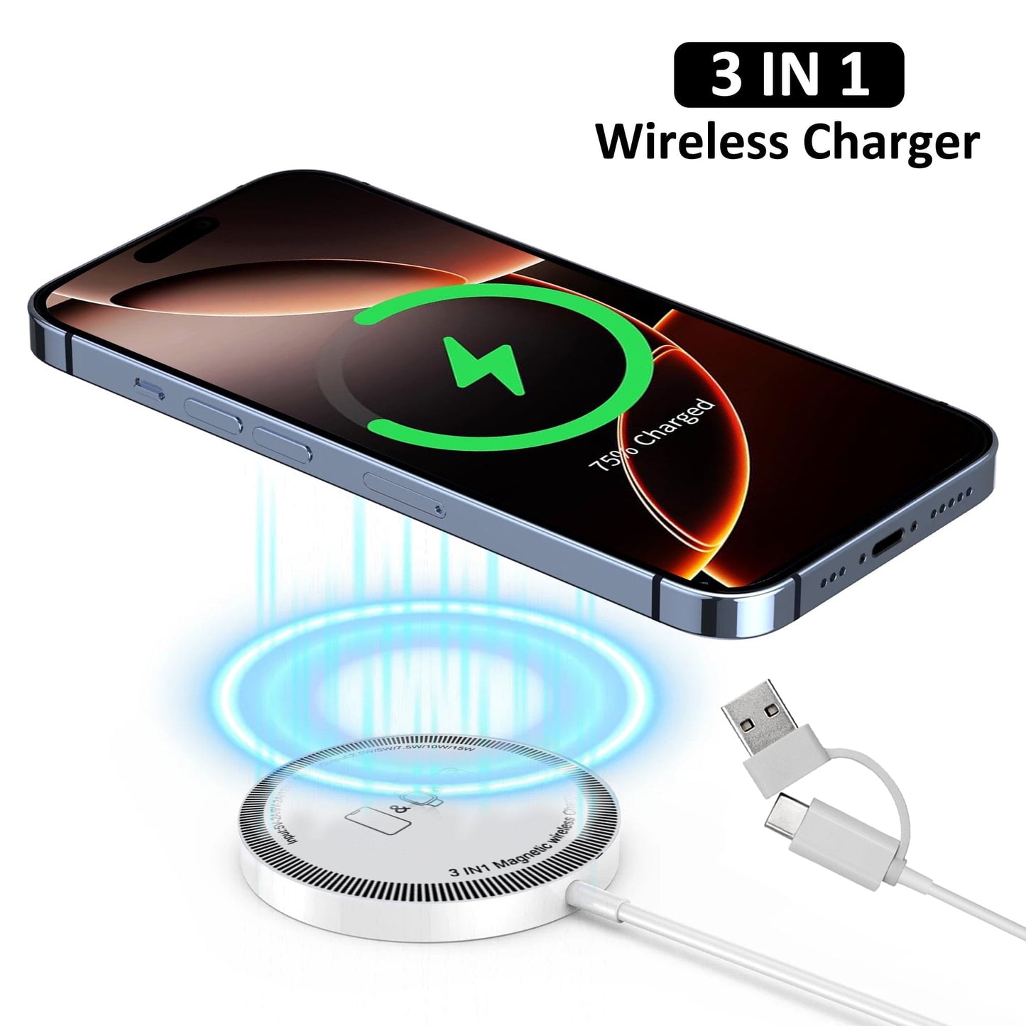 Wireless Charger - 3 in 1 Magnetic Fast Wireless Charging Pad Compatible with iPhone 16/15/14/13/12 & AirPods & iWatch(White),1 Pack