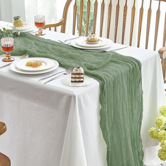 Parojati 1 Pcs Cheesecloth Table Runner 35'' x 120'' inch Nude Boho Gauze Cheese Cloth Table Runners Chair Sashes for Baby Shower Decoration Wedding Party Summer Garden Farmhouse (Sage Green)
