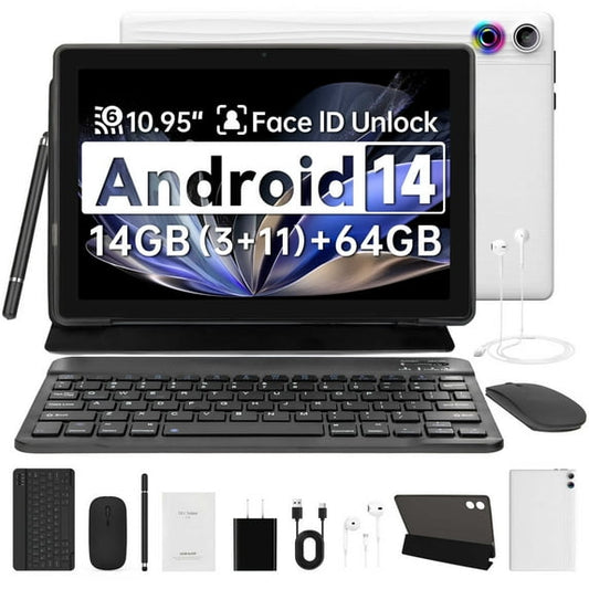 11 inch Tablet Android 14 Octa-Core, 14GB RAM+64GB ROM (TF 1TB), 6800mAh, Widevine L1, WiFi 6, 8 in 1 Tablet with Keyboard, Mouse, Protective Case, Stylus, Headset, Charger- Black