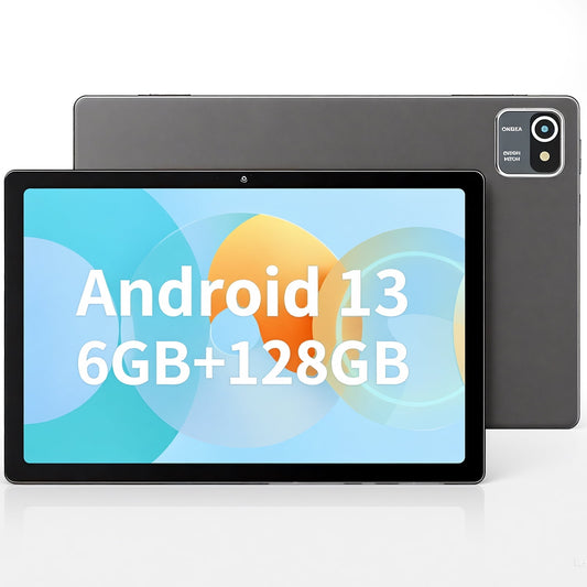 AEEZO 10 inch Tablet Android 13 Tablets, Quad-Core Tablet PC, 6GB RAM, 64GB ROM, 128GB Expand, 5000mAh, 1280x800 HD Touch Screen, 5MP+8MP, Wifi, Dual Camera - Grey
