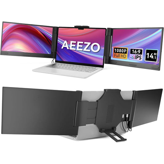 AEEZO 14" 1080P IPS Laptop Screen Extender | 280° Rotatable Portable Monitor, Plug & Play, Fits 13-17.3" Laptops, Compatible with Windows/Mac/Android/Chrome(Type-C/USB Interfaces, Requires DP)