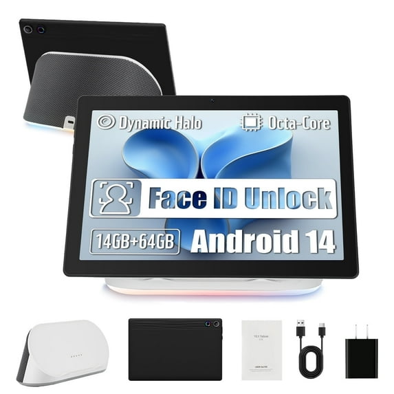 Android 14 Tablet with Rechargeable Stereo Speaker Audio Base, 10 inch Tablet with HD IPS Touch Screen, Otca-Core, 14GB RAM 64GB ROM 1T Expand, Wi-Fi 6, BT 5.3, Dual Camera, Google Tablet