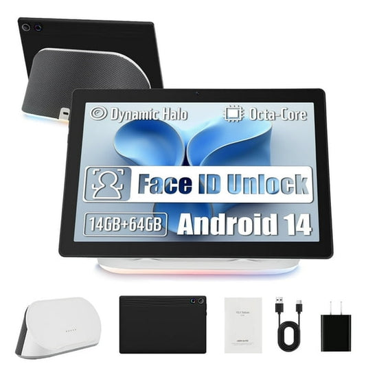 Android 14 Tablet with Rechargeable Stereo Speaker Audio Base, 10 inch Tablet with HD IPS Touch Screen, Otca-Core, 14GB RAM 64GB ROM 1T Expand, Wi-Fi 6, BT 5.3, Dual Camera, Google Tablet