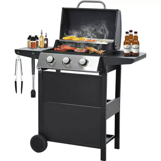 ELJGET 3 Burner BBQ Propane Gas Grill, Stainless Steel 25650 BTU Patio Garden Barbecue Grill with Thermometer, Black