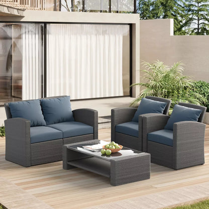 ELJGET 4 Pieces Patio Conversation Set, Outside Rattan Sectional Sofa Furniture Set with Cushion for Garden, Porch, Backyard, Grey
