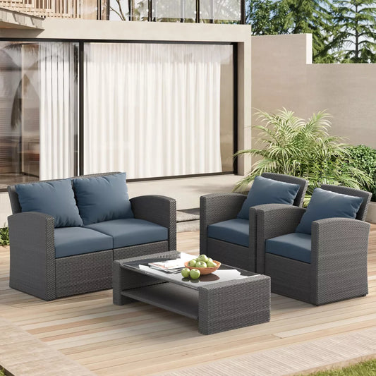 ELJGET 4 Pieces Patio Conversation Set, Outside Rattan Sectional Sofa Furniture Set with Cushion for Garden, Porch, Backyard, Grey