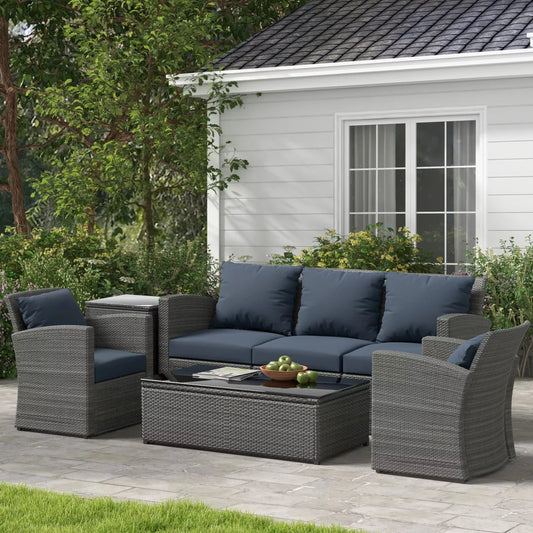 ELJGET 5 Pieces Patio Conversation Set, Outdoor Rattan Sectional PE Wicker Sofa Furniture Set with Coffee Table, Blue/Grey Cushion
