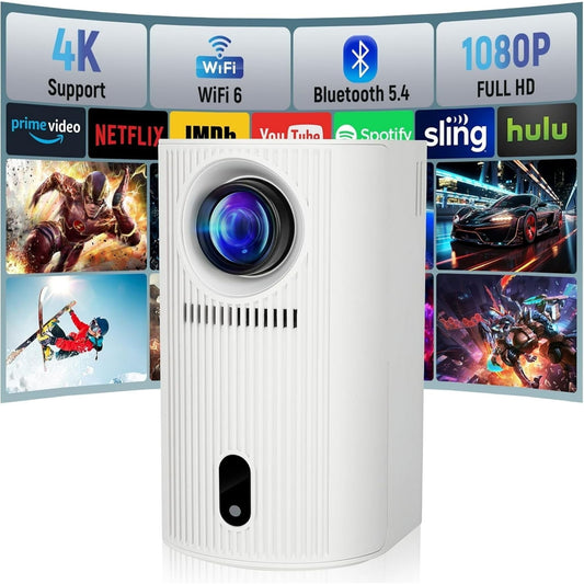 Mini Projector with WIFI 6 and Bluetooth, 4K 1080P Support Projector Screen Movie Projector Auto Keystone Compatible for Laptop, PC, Smartphone
