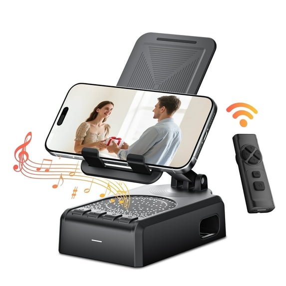 WeurGhy Cell Phone Stand with Bluetooth Speaker and Remote (Video/Camera Control), Wireless Portable Rechargeable Foldable Induction Audio Amplifier with Microphone, Gifts for Men Women