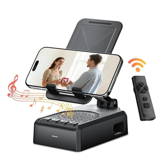 WeurGhy Cell Phone Stand with Bluetooth Speaker and Remote (Video/Camera Control), Wireless Portable Rechargeable Foldable Induction Audio Amplifier with Microphone, Gifts for Men Women